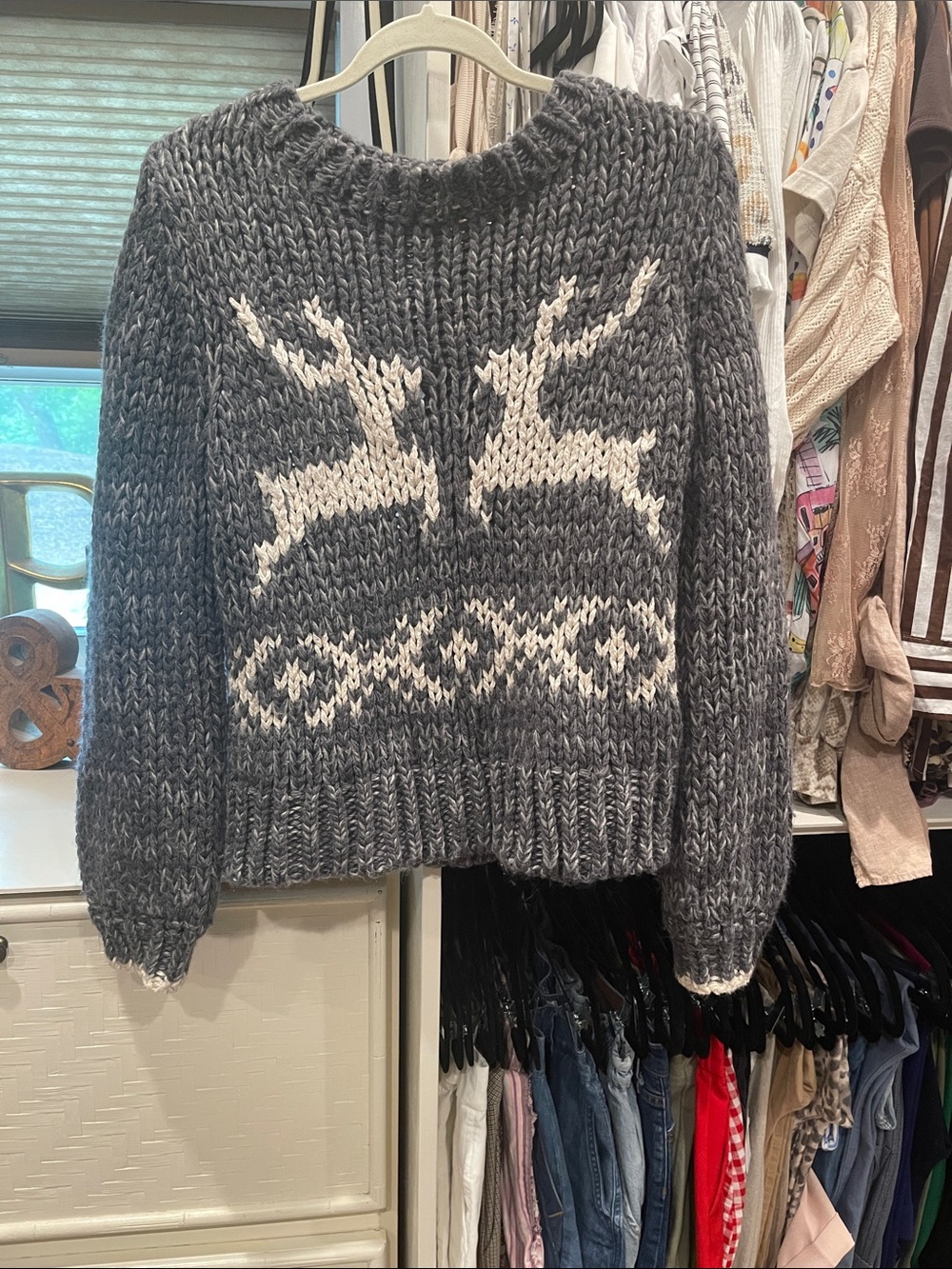 Free People Gray Chunky Knit Reindeer Crewneck Sweater